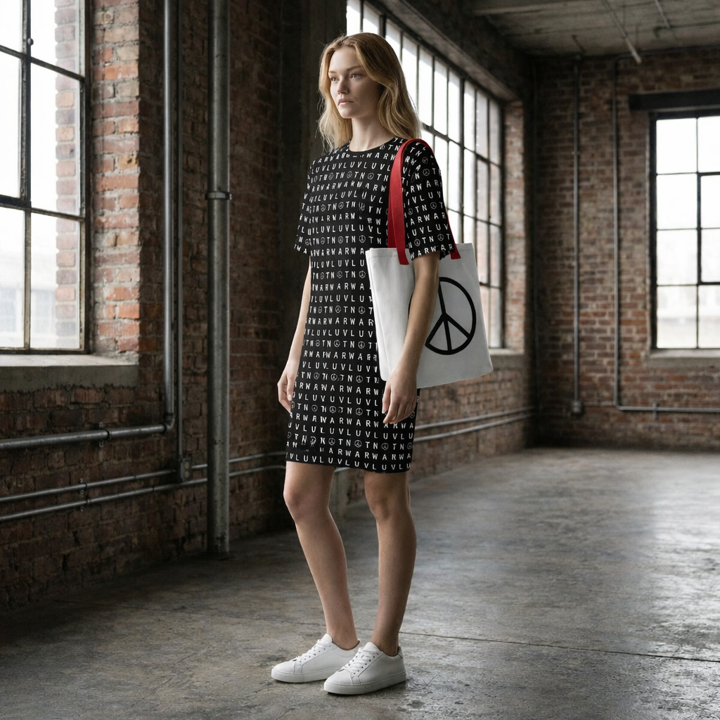 LUV NOT WAR – Peace Symbol Pattern | T-Shirt Dress (Black)