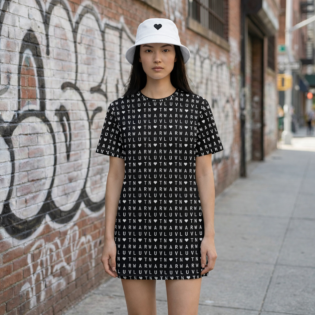LUV NOT WAR – Black Heart Pattern | T-Shirt Dress (Black)