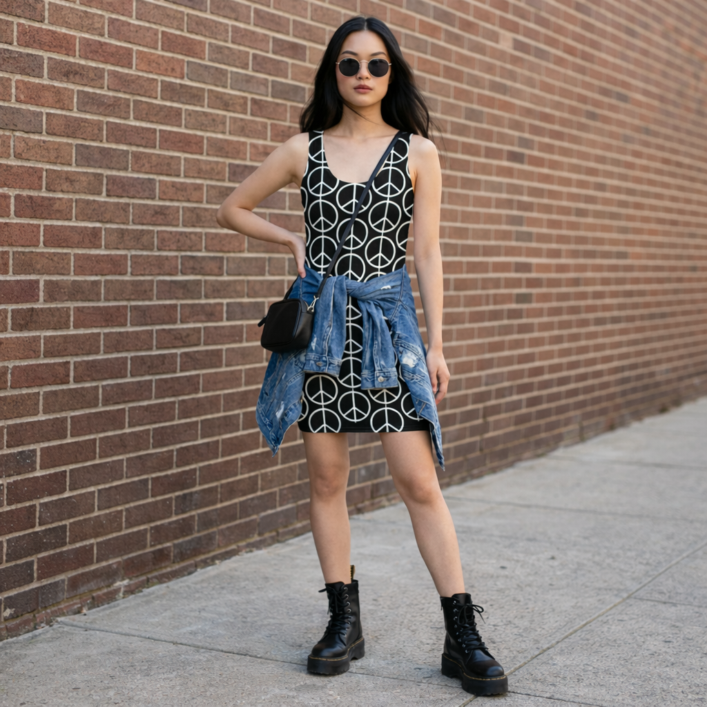 PEACE Black All-Over Print Bodycon Dress