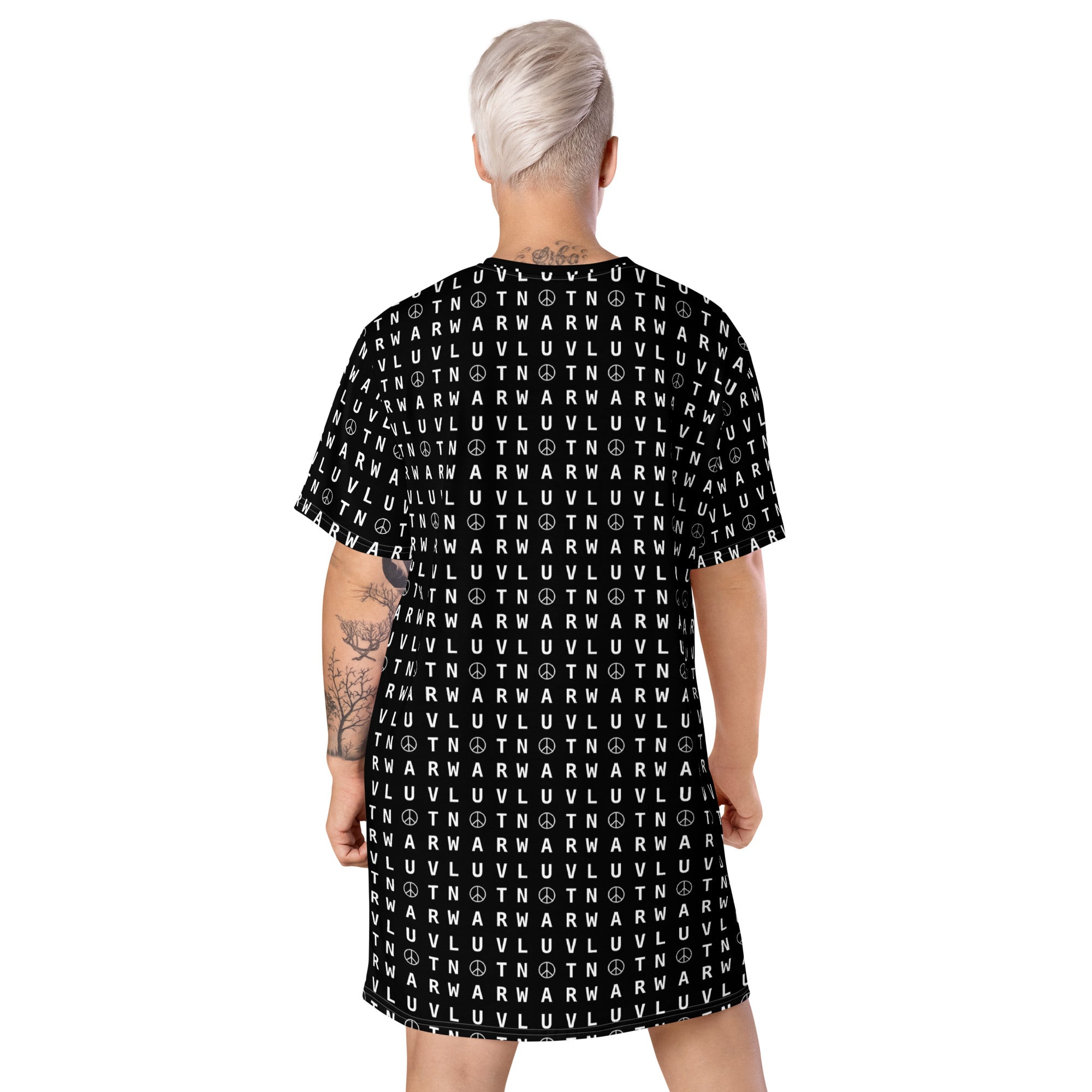 LUV NOT WAR – Peace Symbol Pattern | T-Shirt Dress (Black)