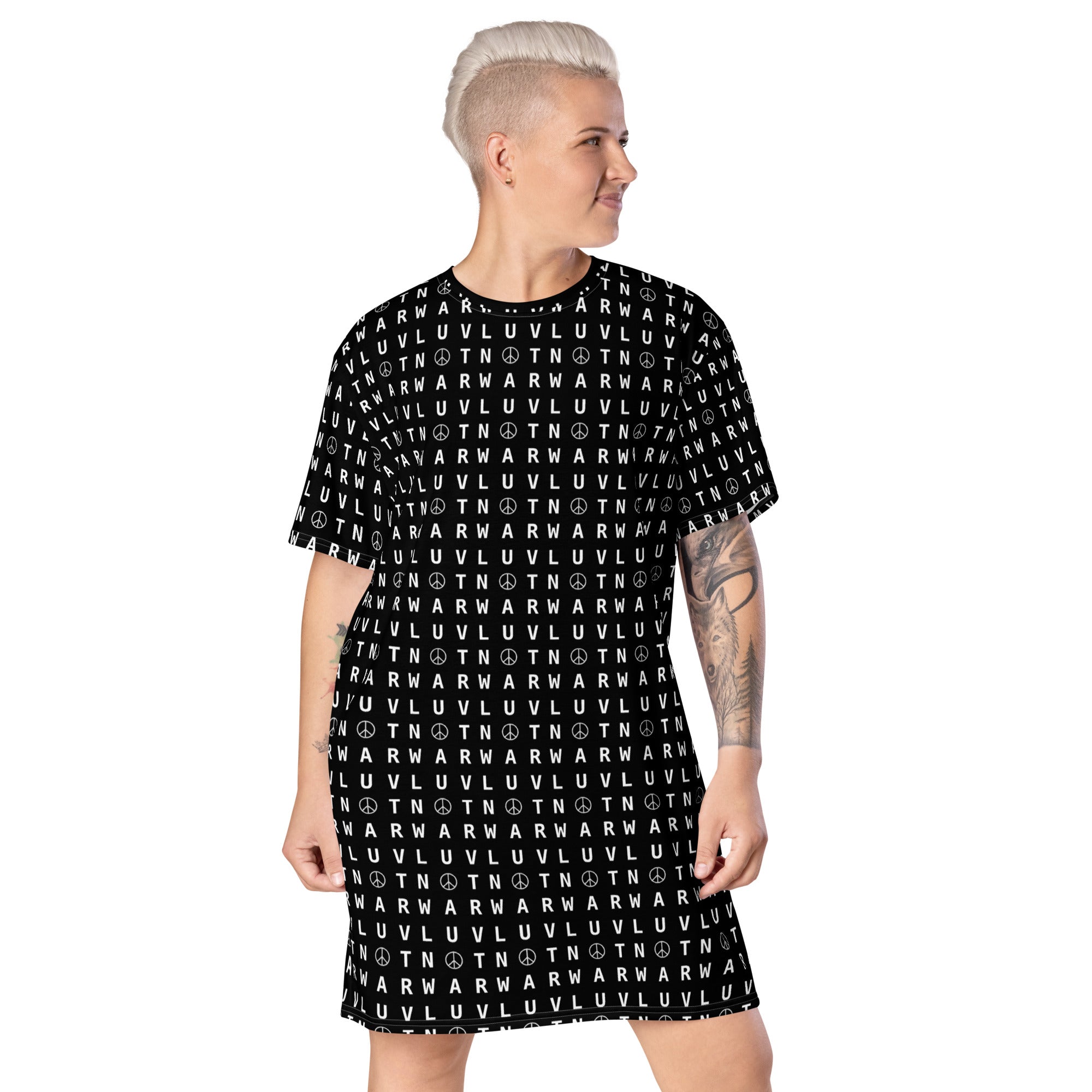 LUV NOT WAR – Peace Symbol Pattern | T-Shirt Dress (Black)
