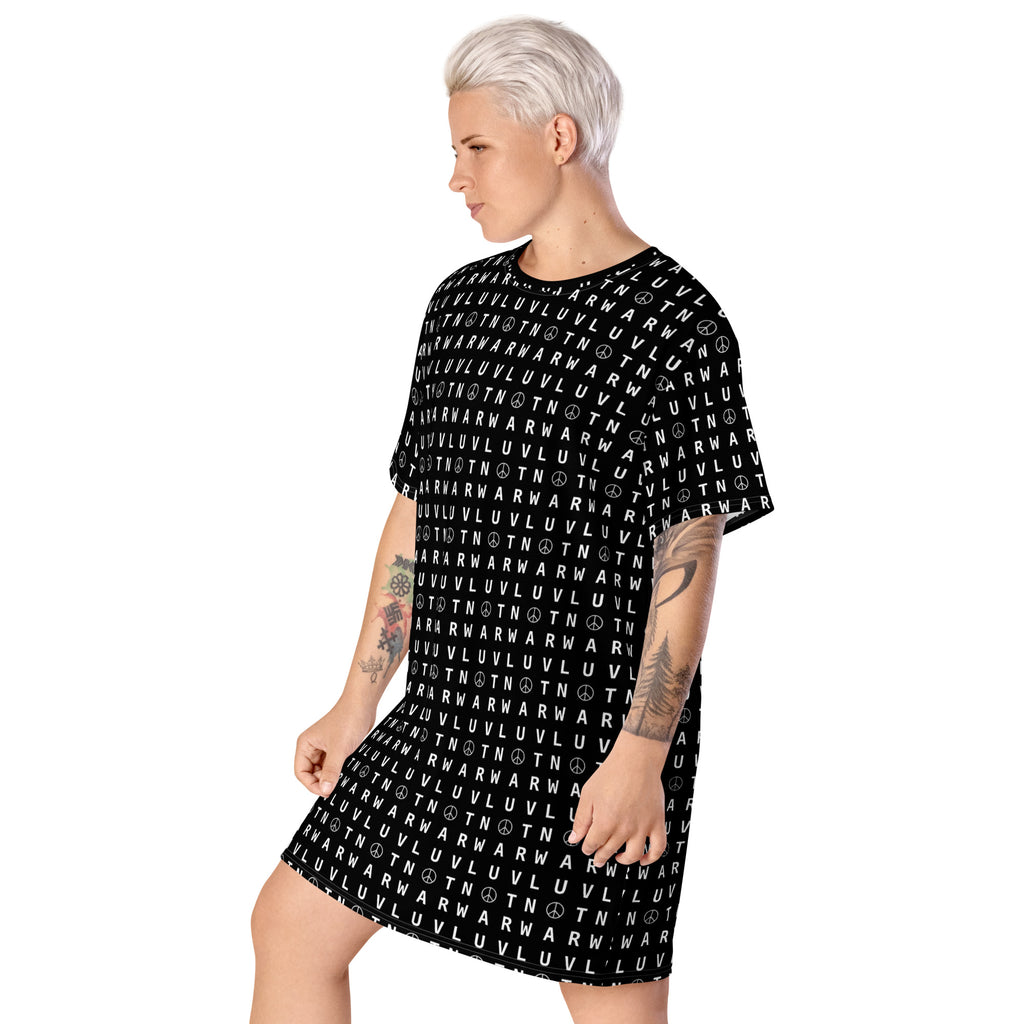 LUV NOT WAR – Peace Symbol Pattern | T-Shirt Dress (Black)