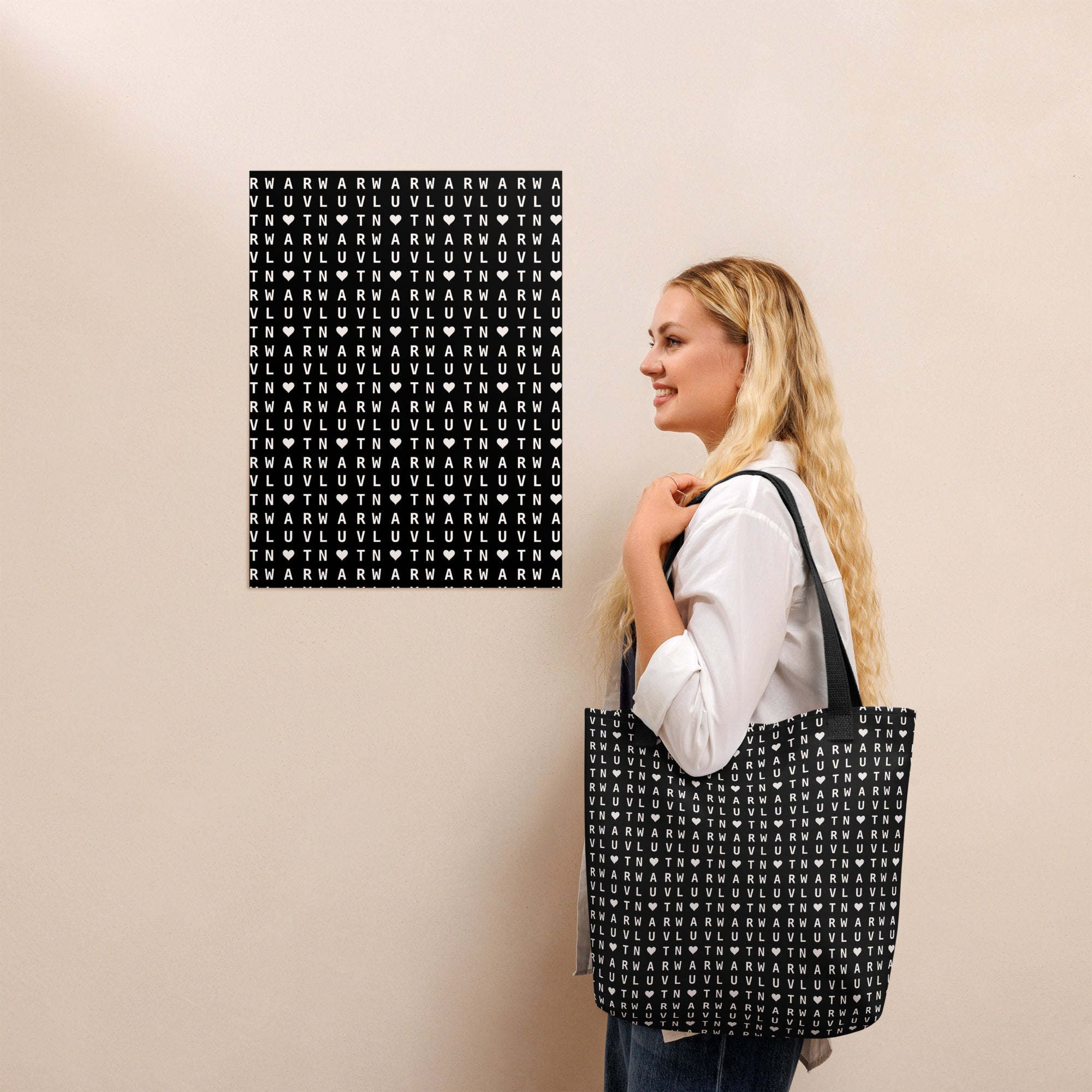 LUV NOT WAR – Black Heart Pattern | Tote Bag (Black)