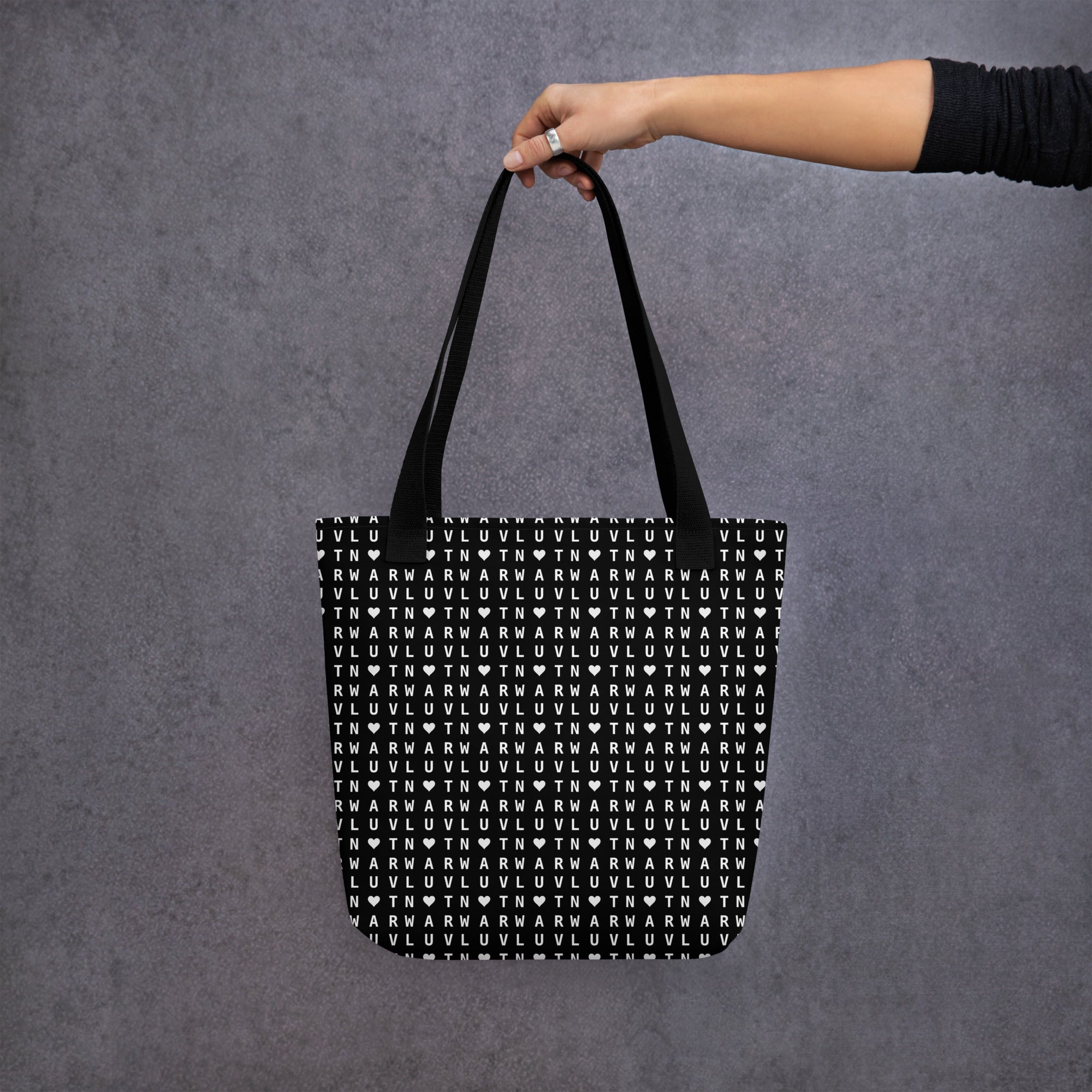 LUV NOT WAR – Black Heart Pattern | Tote Bag (Black)